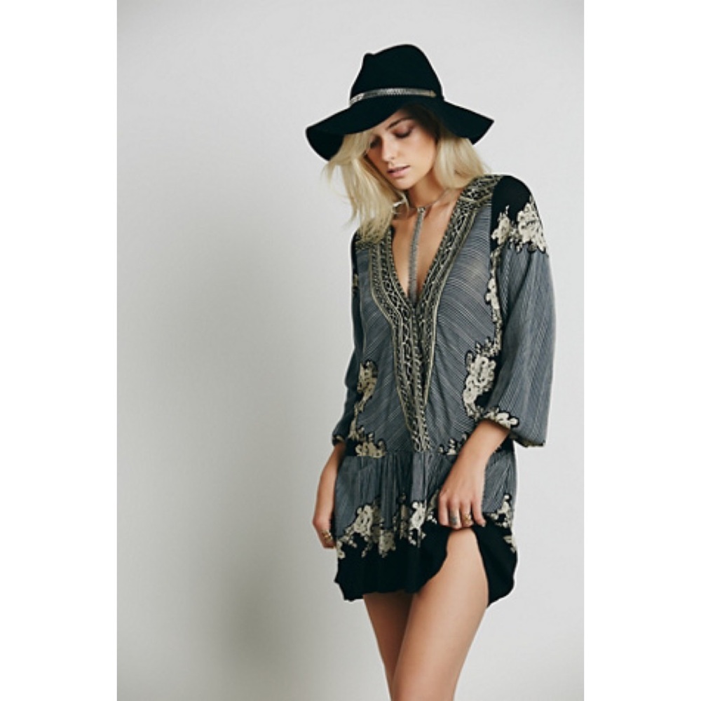 Free People Gray and Black Embroidered V-Neck Mini Dress
